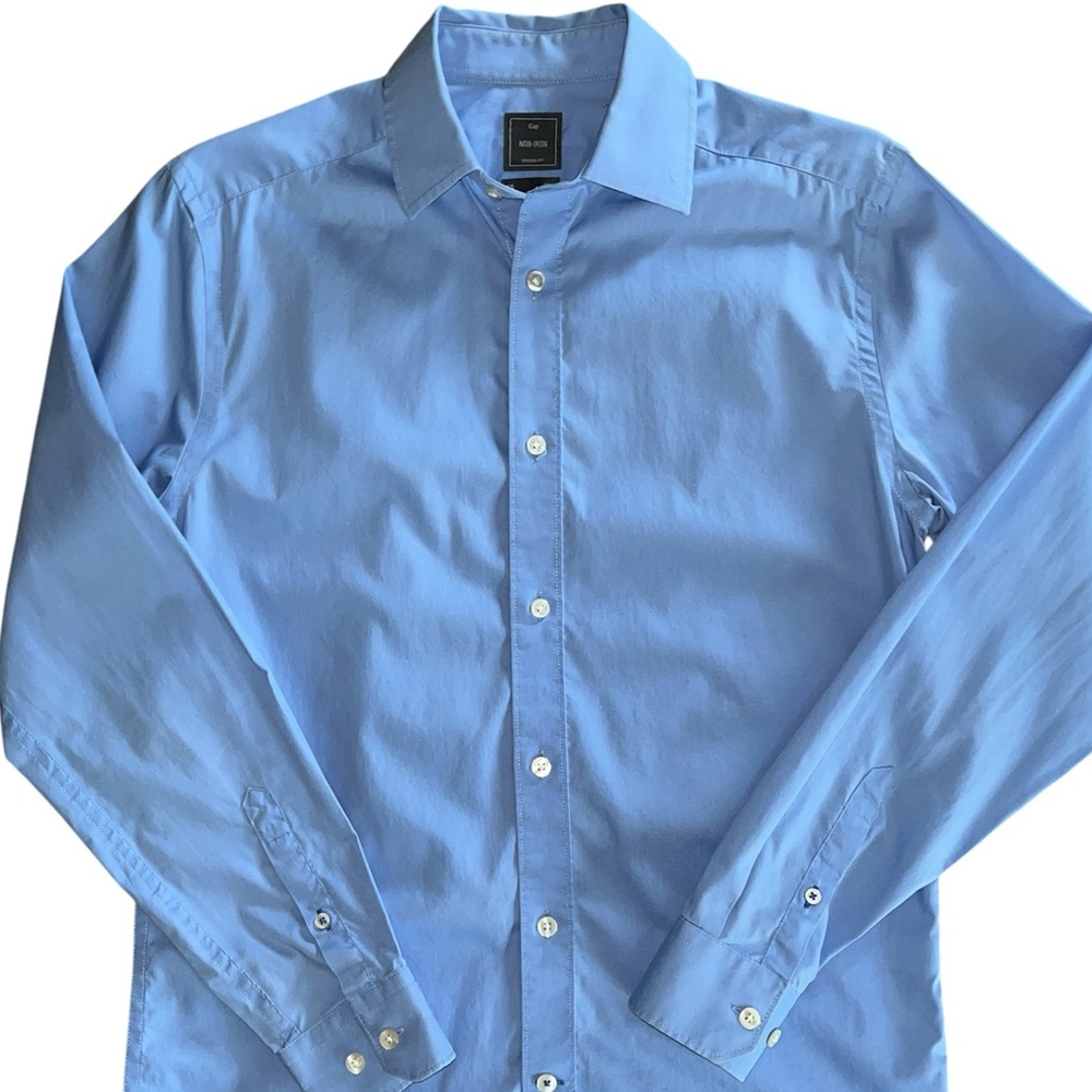 Gap No Iron Original Fit Solid Blue Long Sleeve Button Up Dress Shirt Mens XS